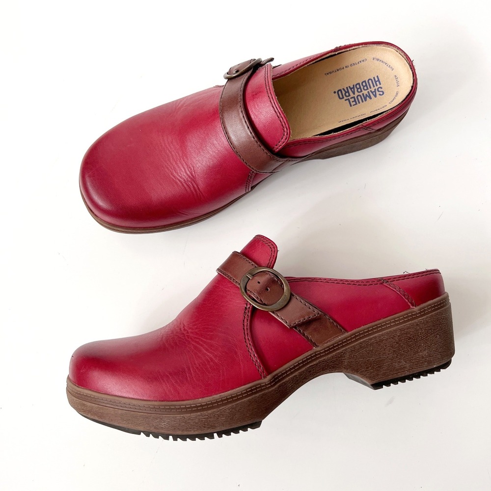 Samuel Hubbard Cascade Leather Clogs Mules Size 8 Red Brown Buckle Comfort Wedge